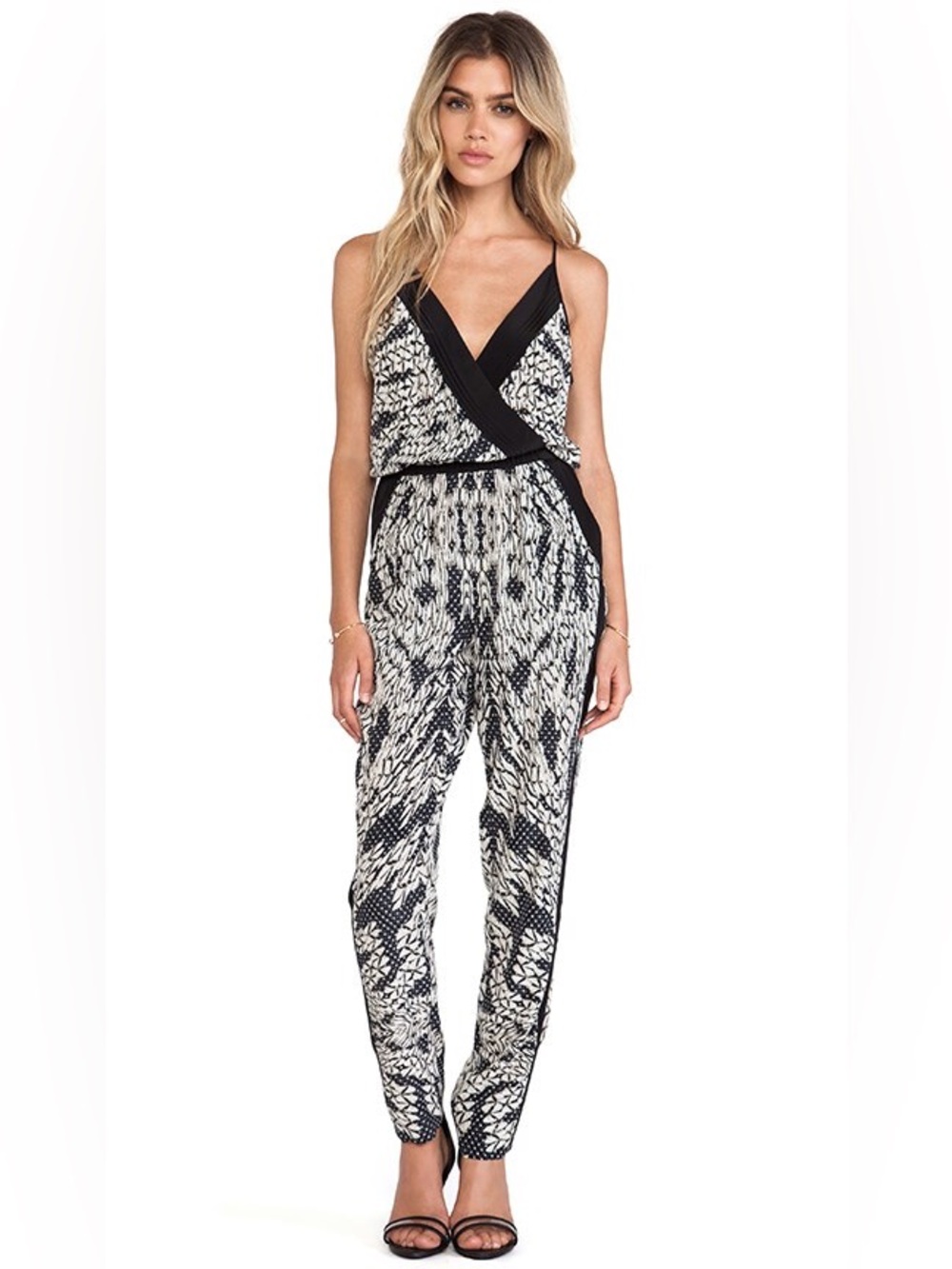 Diane Von Furstenberg Black and White Printed Wrap-Front Jumpsuit